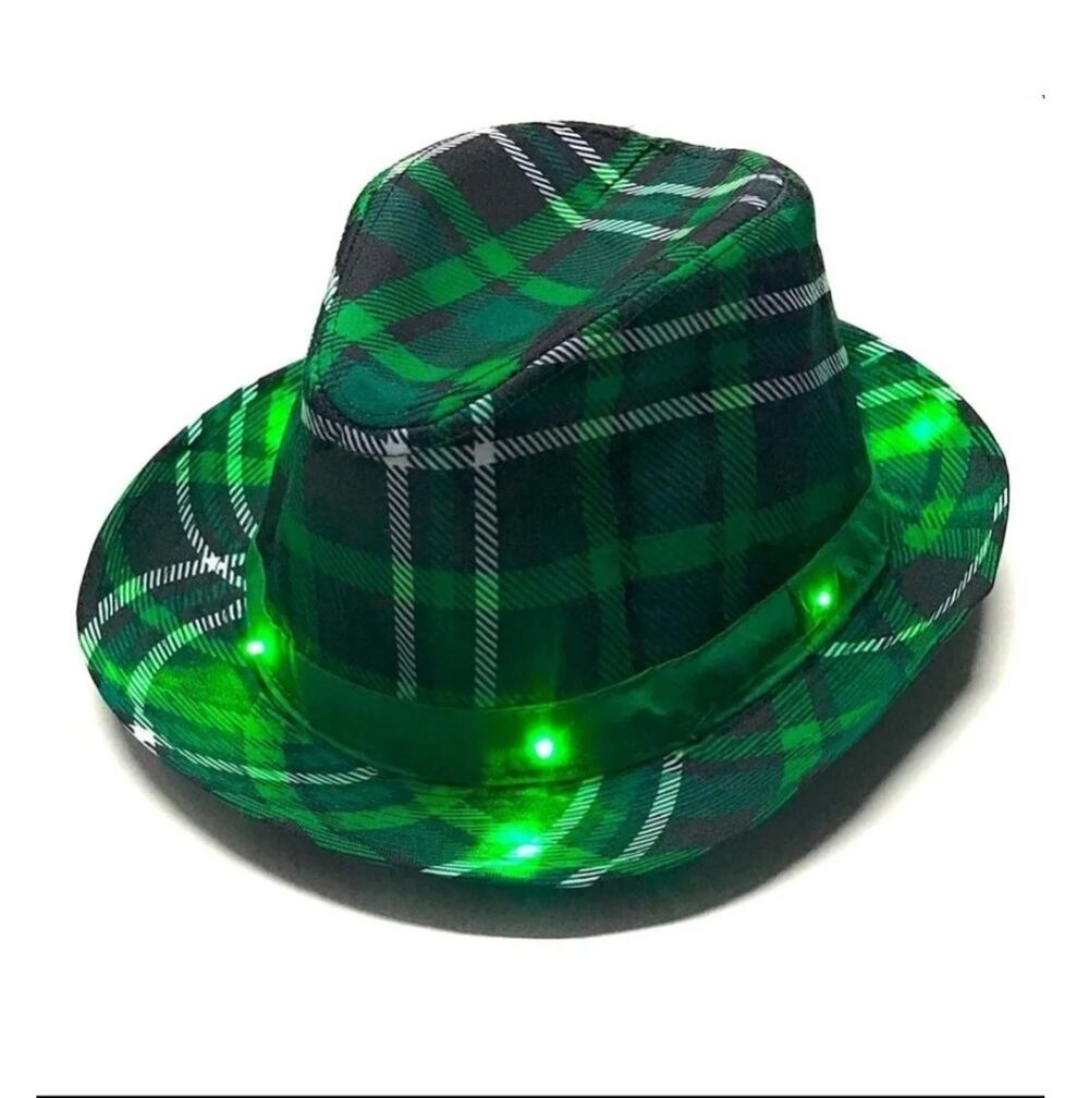Light Up St. Patrick’s Day Fedora Hat Green Plaid LED Party Costume
